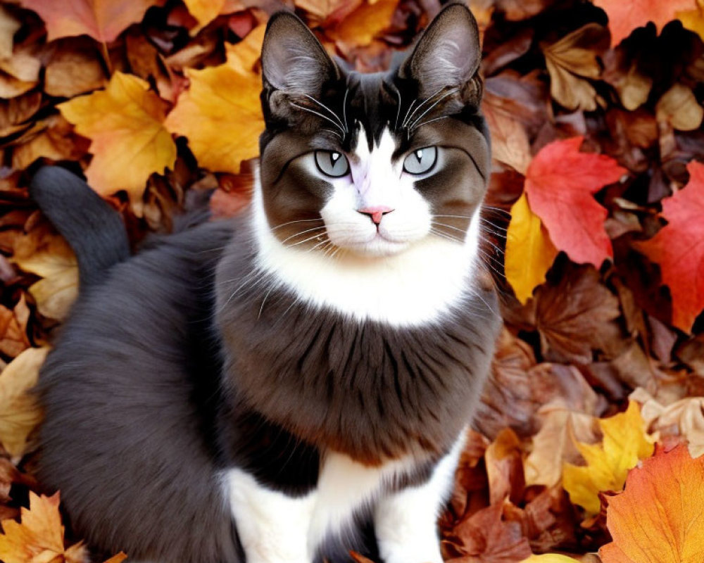 Black-and-White Cat with Blue Eyes in Autumn Leaves