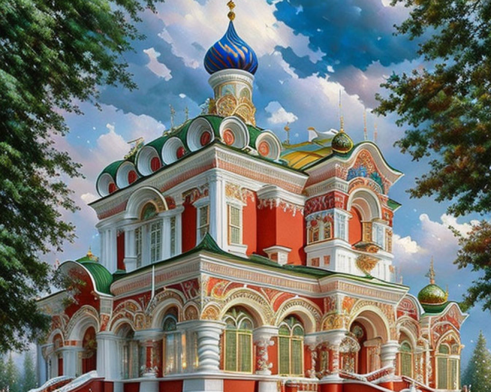 Colorful Russian-style cathedral illustration in nature setting