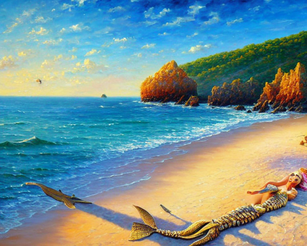 Mermaid and Ray on Beach at Sunset with Starry Sky