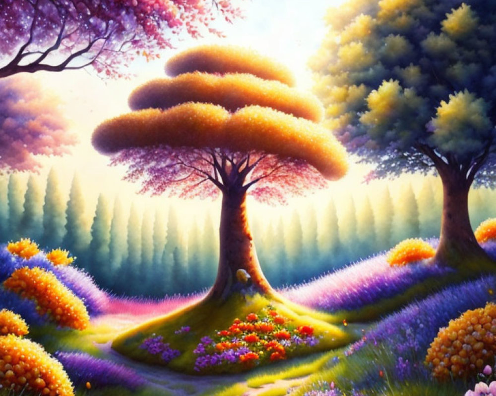 Colorful surreal landscape with whimsical trees and dream-like quality