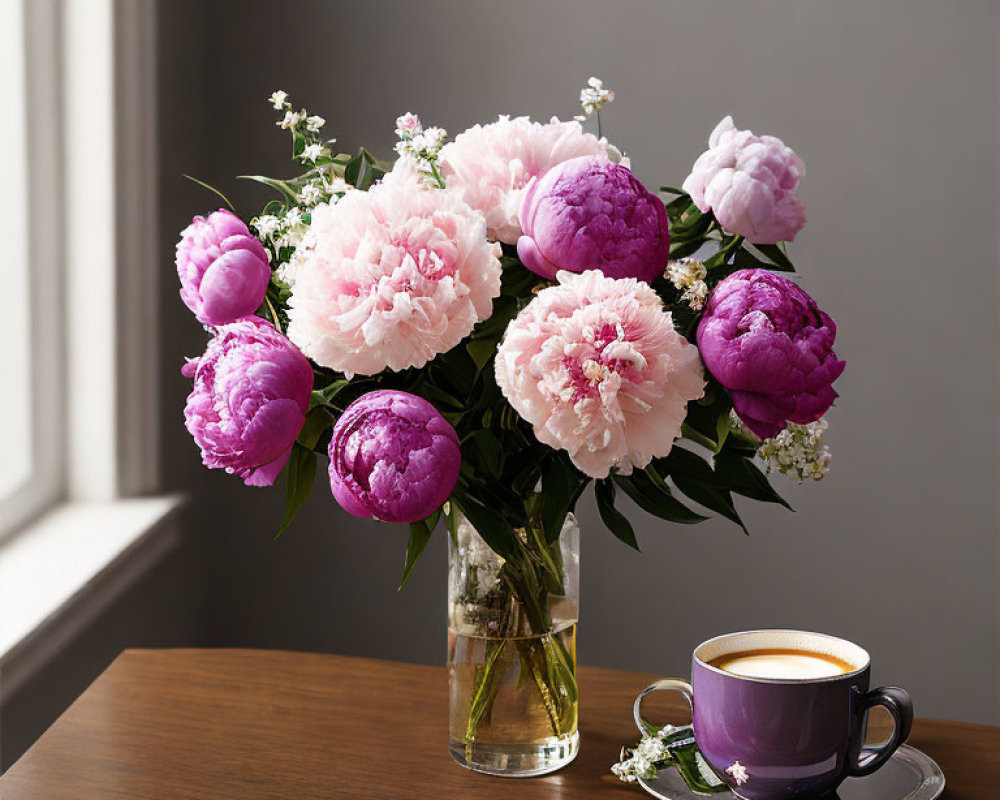 Pink and Purple Peonies Bouquet with Coffee Cup by Window