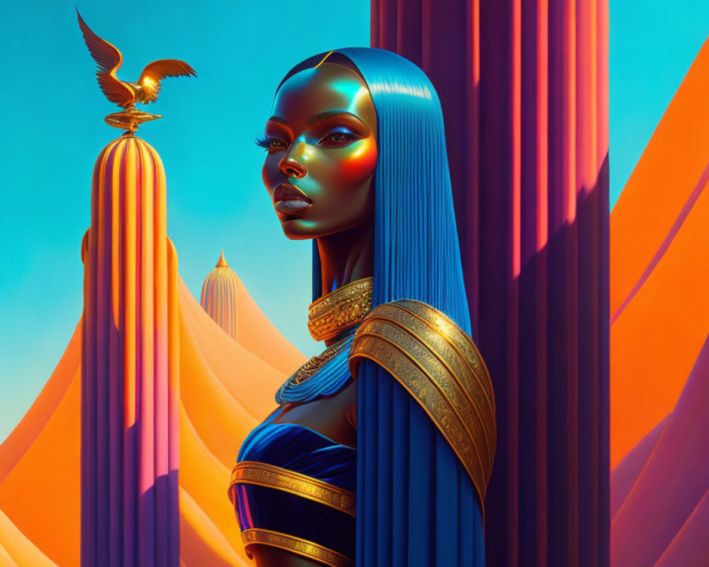 Stylized digital art: Blue-skinned woman with gold adornments, falcon, vibrant hills