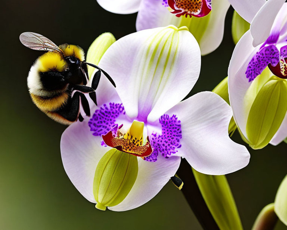 Bumblebee on blooming white orchid with purple spots.