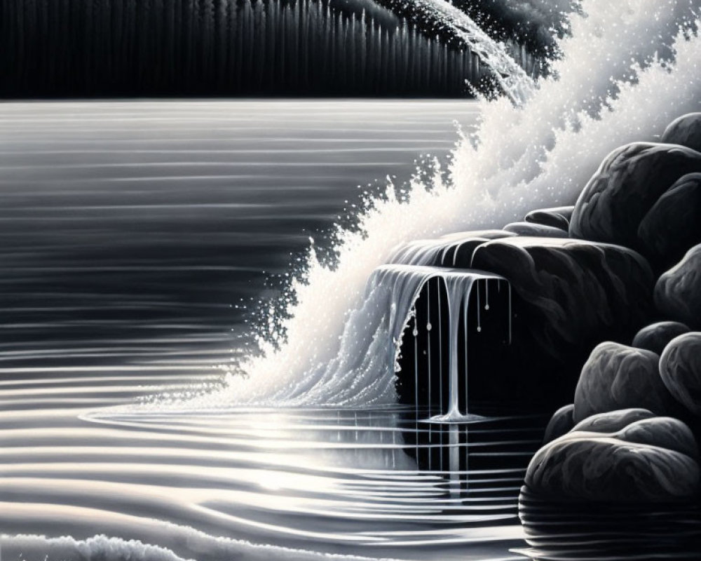 Monochromatic painting of serene waterfall scene