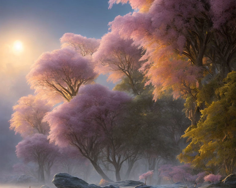 Serene sunrise scene: Misty forest with pink cherry blossom trees.