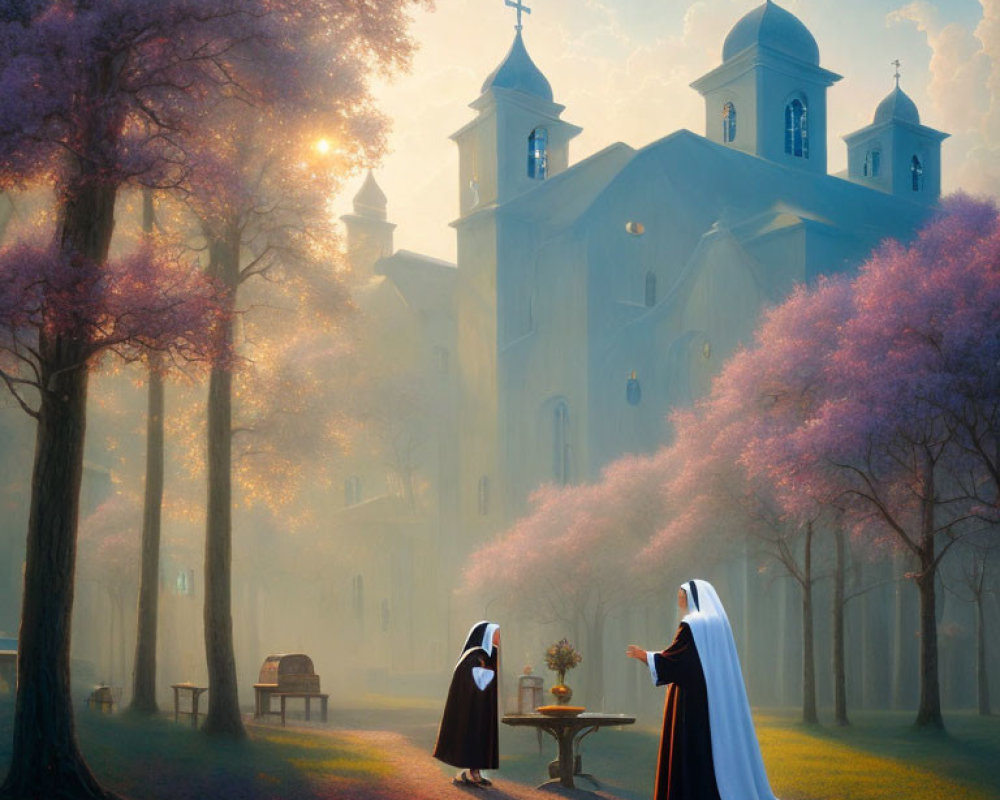 Nuns walking by a church in misty morning with flowering trees