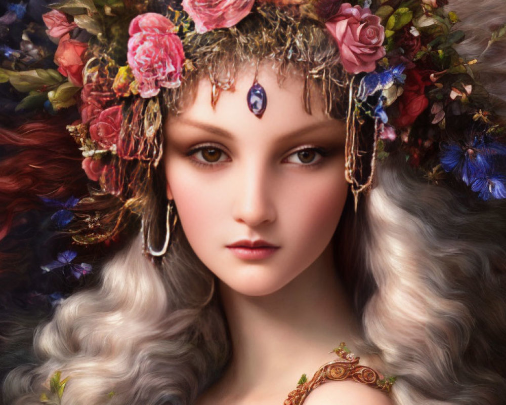 Portrait of woman with floral crown, wavy hair, forehead gem, earrings, and armlet.