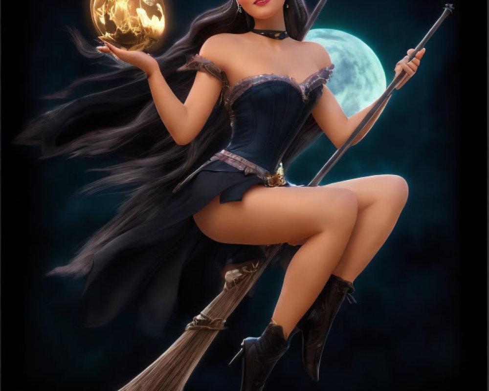 Fantasy witch flying on broomstick with fiery orb under full moon