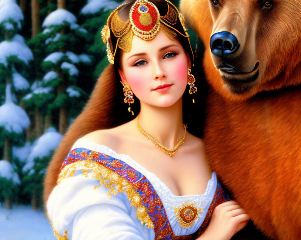 Woman in ornate traditional attire with headdress next to large bear in snowy forest.