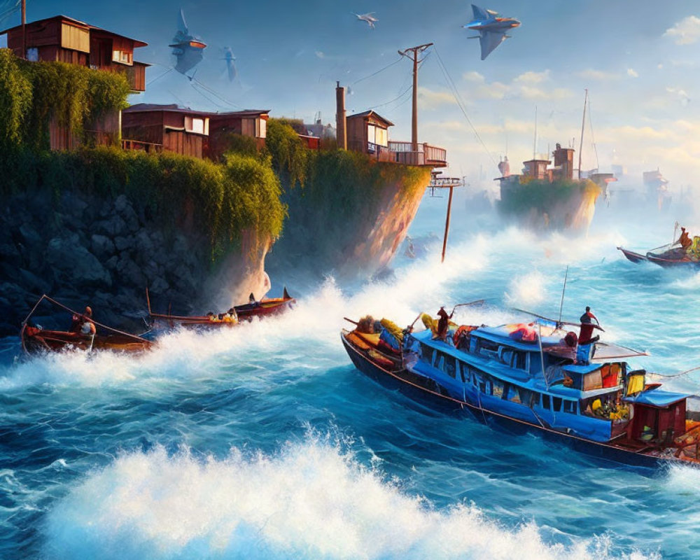 Fantastical maritime scene with cliff houses, rough waves, and airships