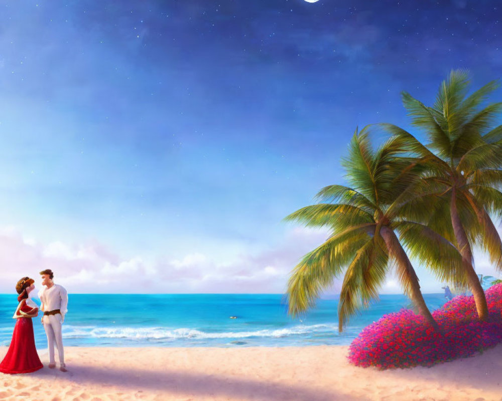 Romantic couple on beach at twilight with stars, crescent moon, palm trees, and ocean.