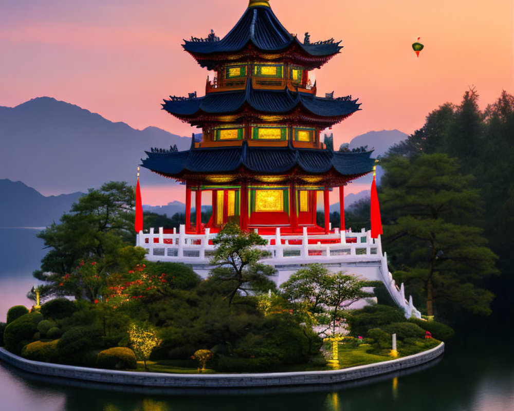 Traditional multi-tiered pagoda by calm lake at dusk with hot air balloons - serene and picturesque view