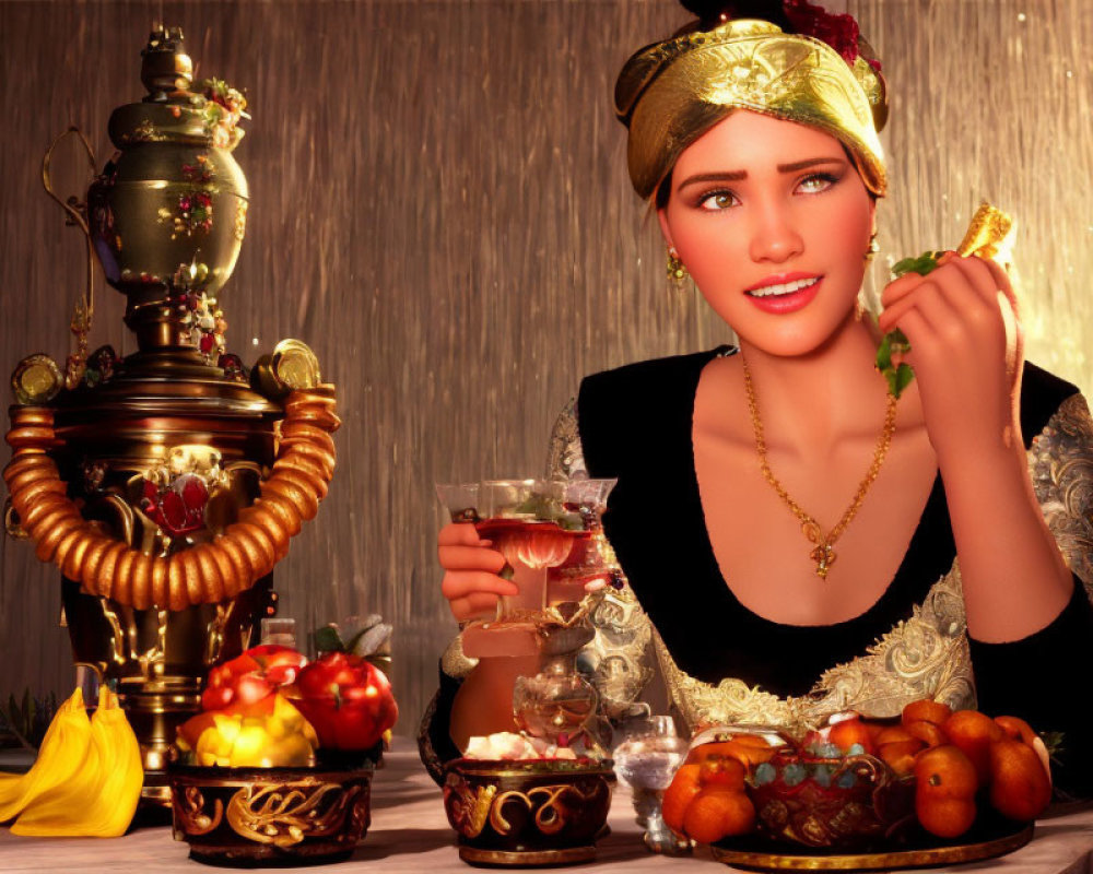 Digital artwork: Woman in traditional attire enjoying festive meal with fruits and drink beside samovar