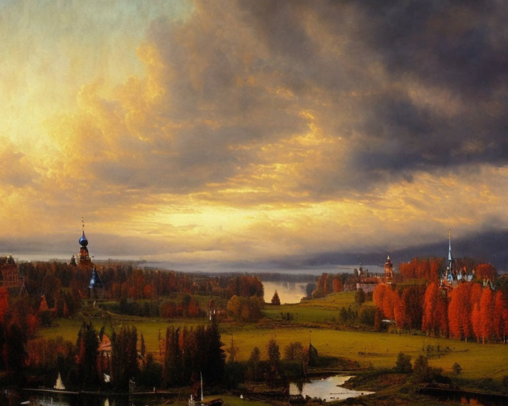 Tranquil dusk landscape with golden sky, river, autumn trees, traditional buildings, and distant sp