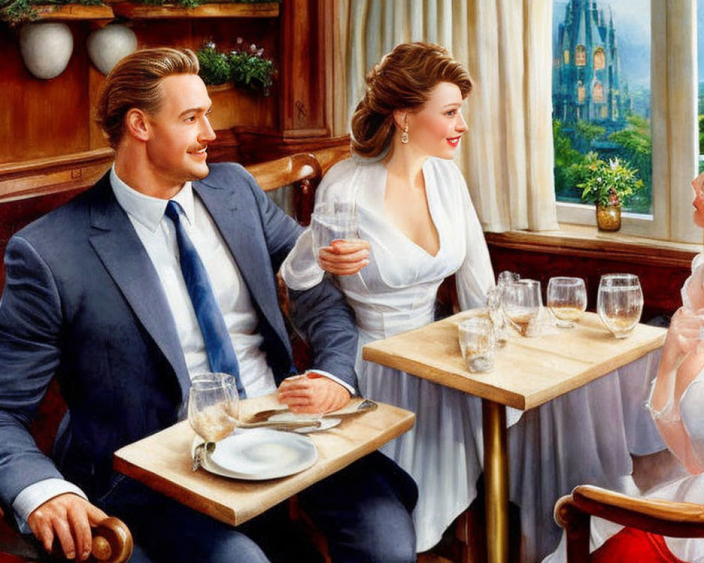 Stylish couple conversing in elegant restaurant with historic view