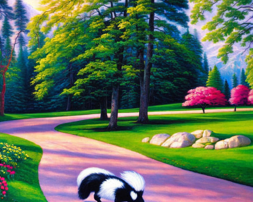 Colorful painting of skunk on pathway in vibrant forest