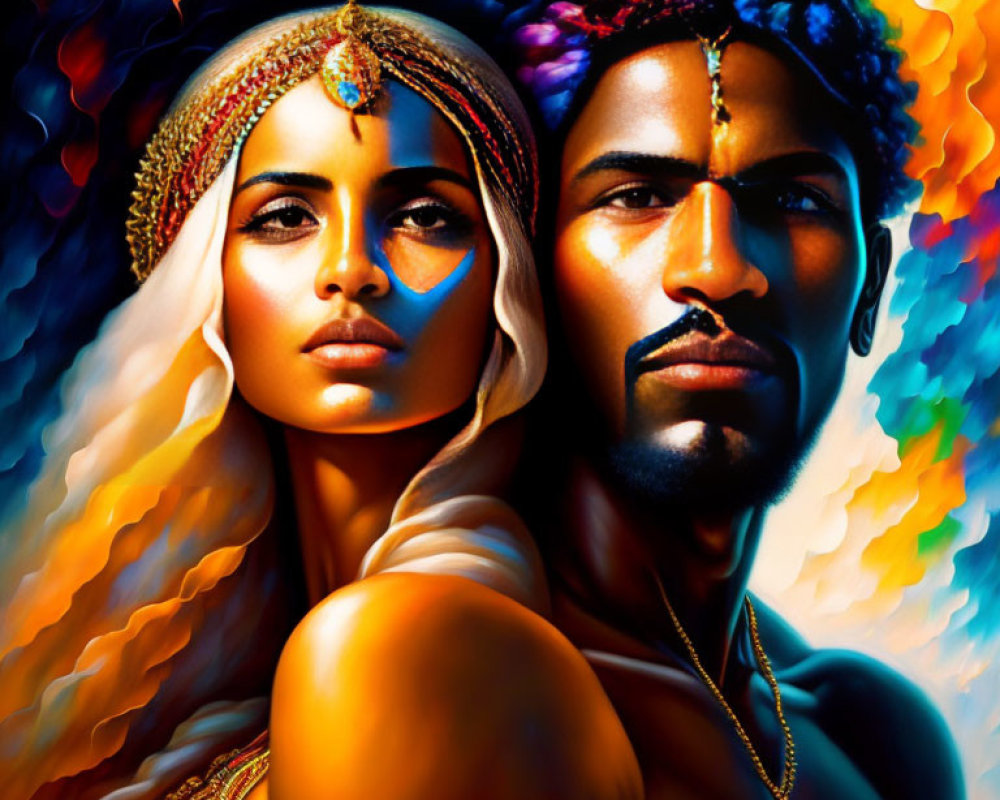 Colorful portrait of man and woman with headpieces on abstract background