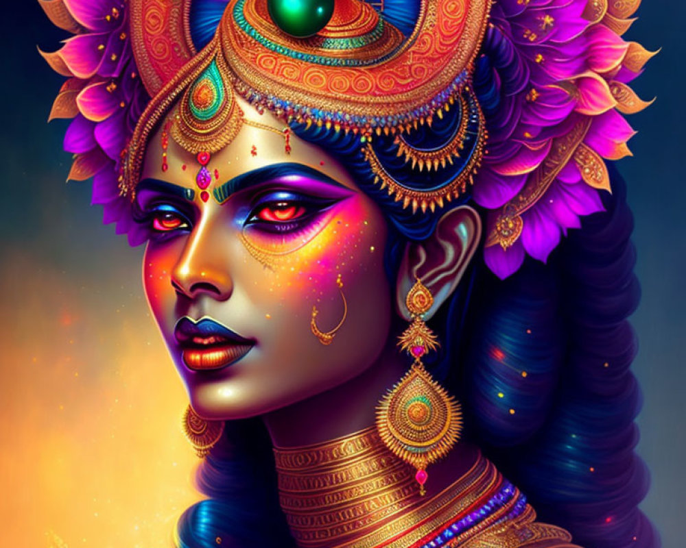 Colorful woman with blue skin and golden headgear in mystical setting