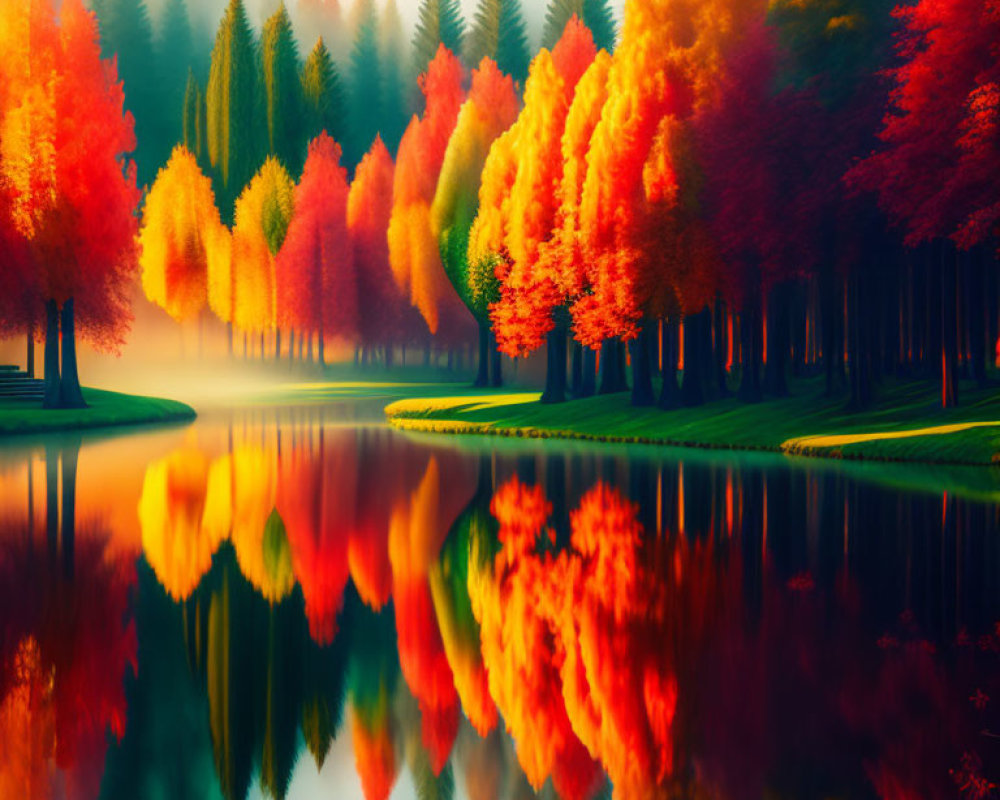 Colorful autumn trees reflecting in calm lake with red, orange, and yellow hues.