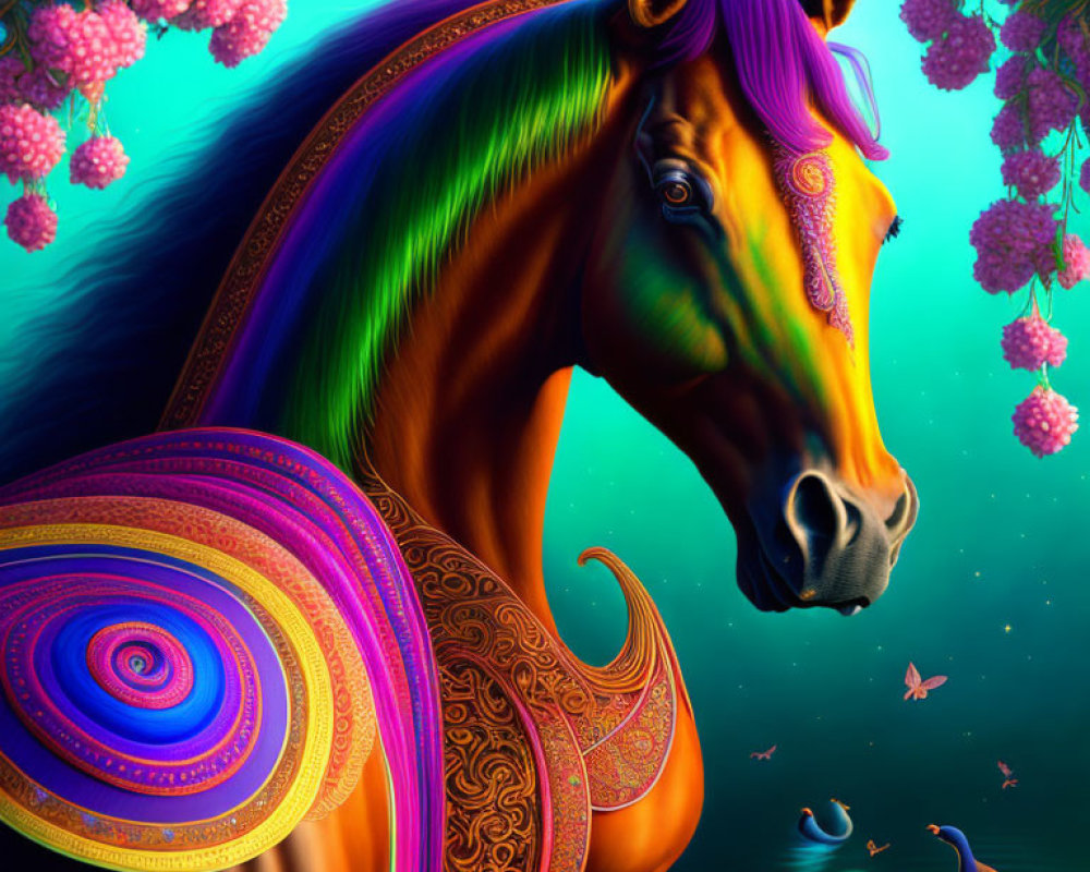 Colorful digital art: Fantastical horse with rainbow mane and intricate saddle in whimsical setting