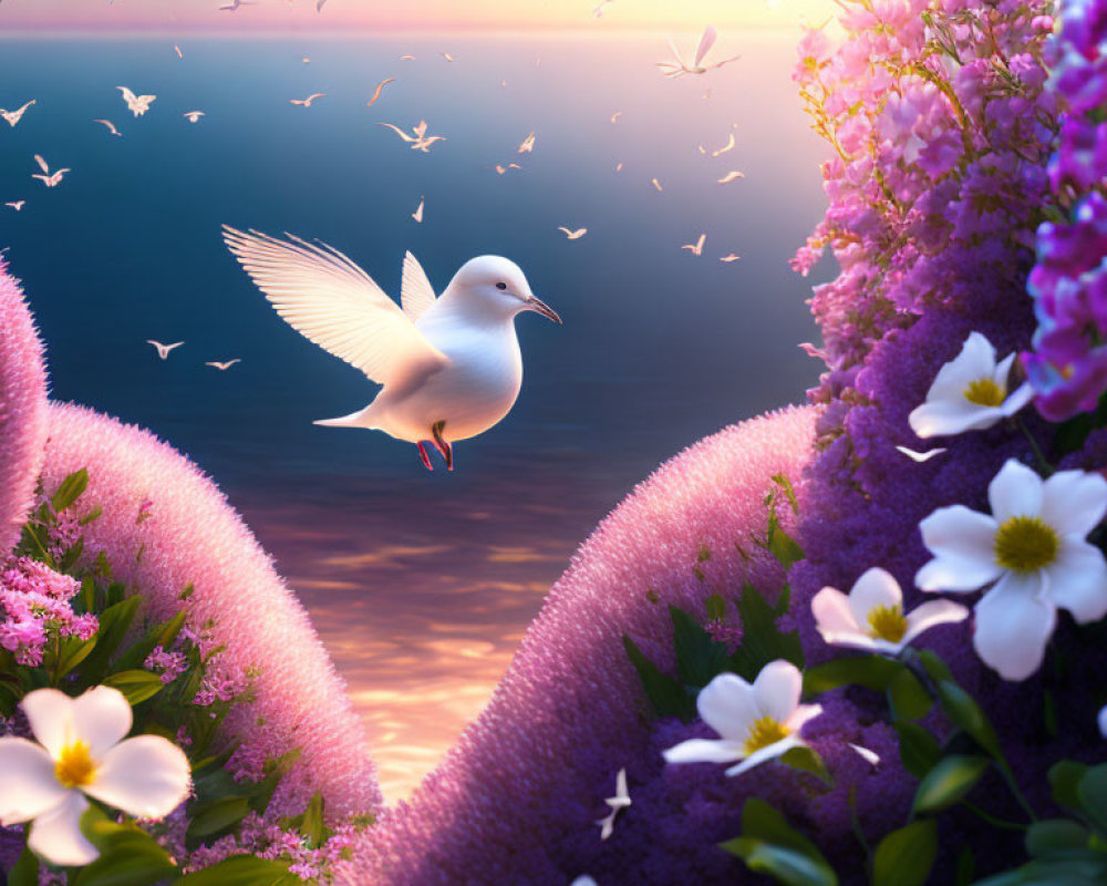 White dove flying over purple hills at ocean sunset with birds in background