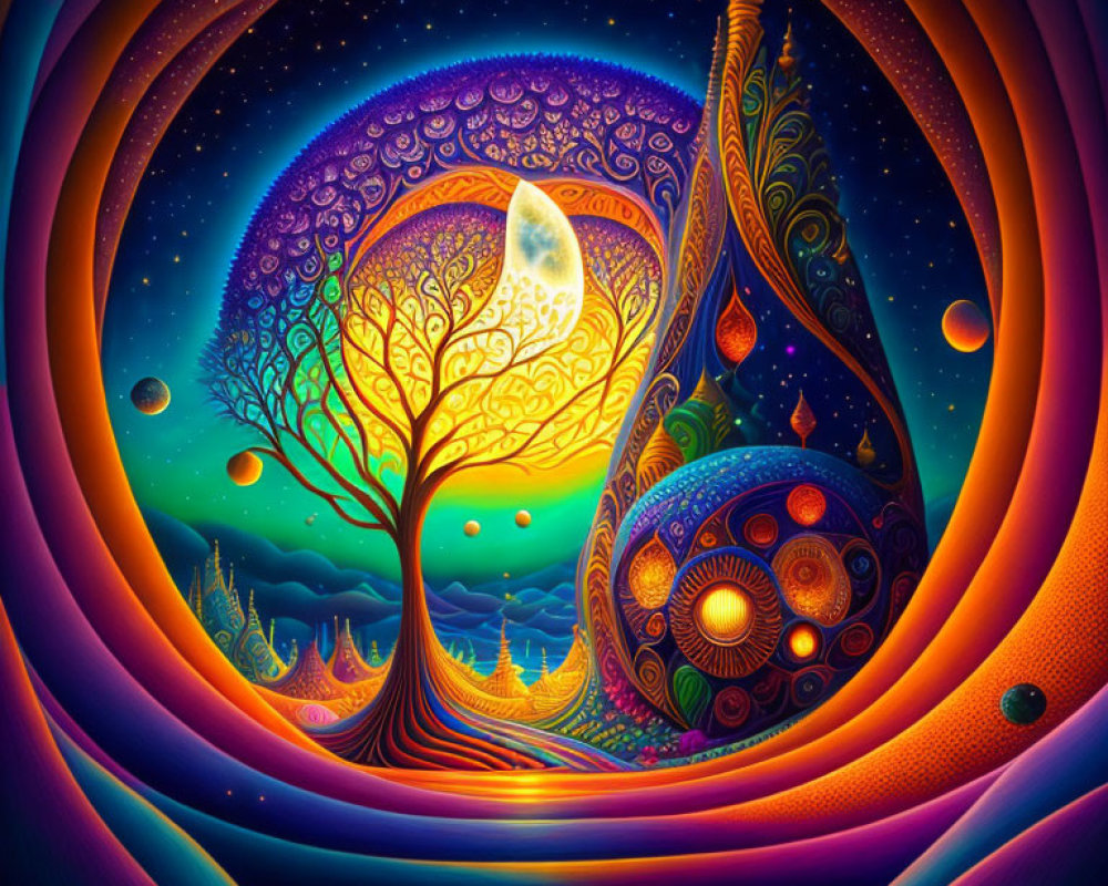 Colorful Psychedelic Artwork: Luminous Tree, Celestial Bodies, Swirling Patterns