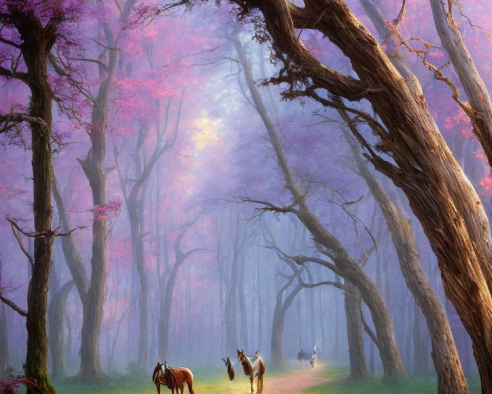 Enchanting forest path with towering trees and mist, featuring two horses in mystical setting