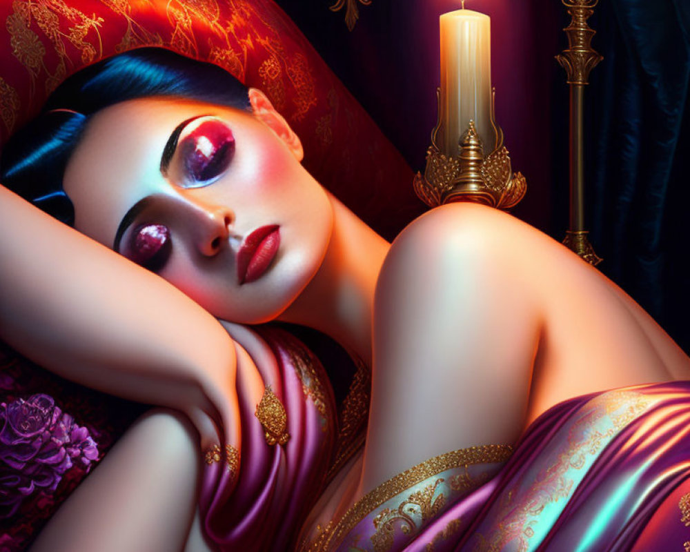 Luxurious Woman with Striking Makeup and Candle in Opulent Setting