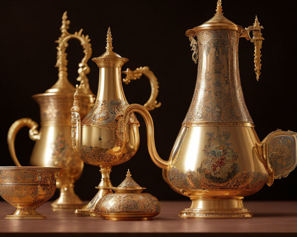 Traditional Middle Eastern Golden Teapots and Cup with Elaborate Designs