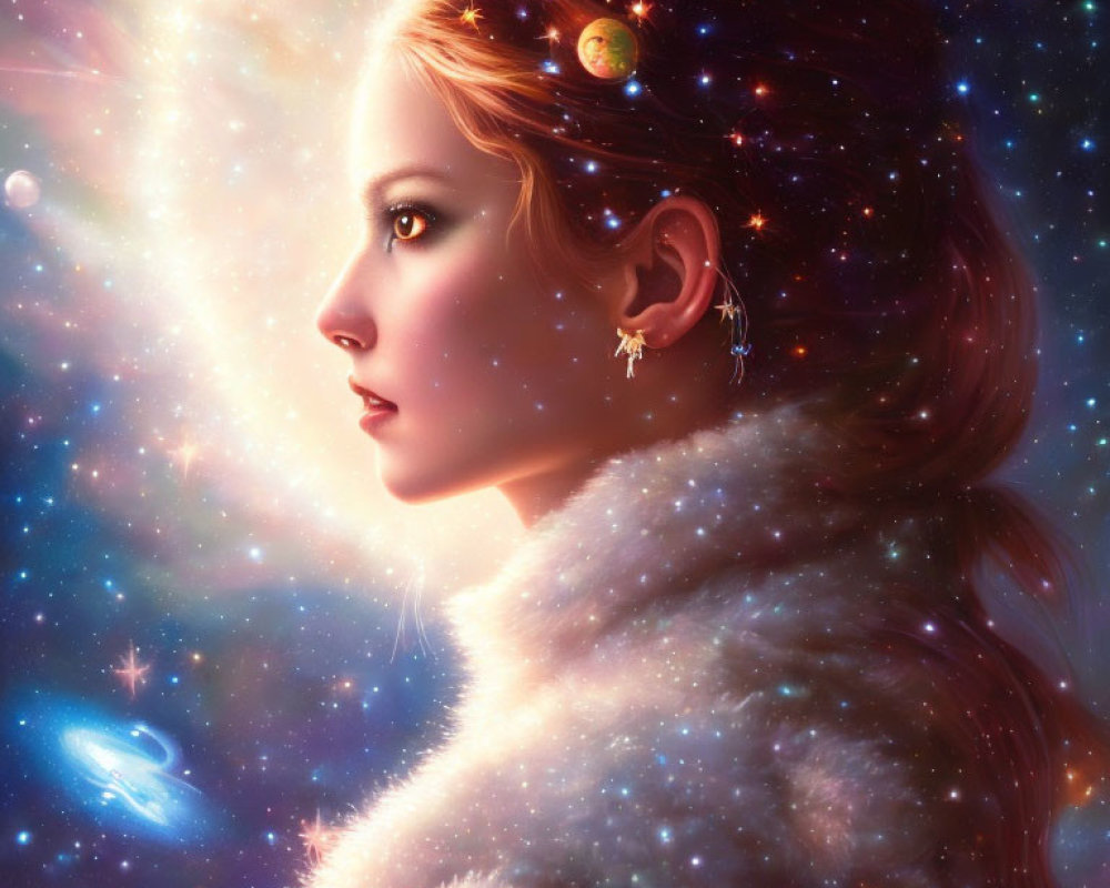 Woman with cosmic features blending into starry space scene