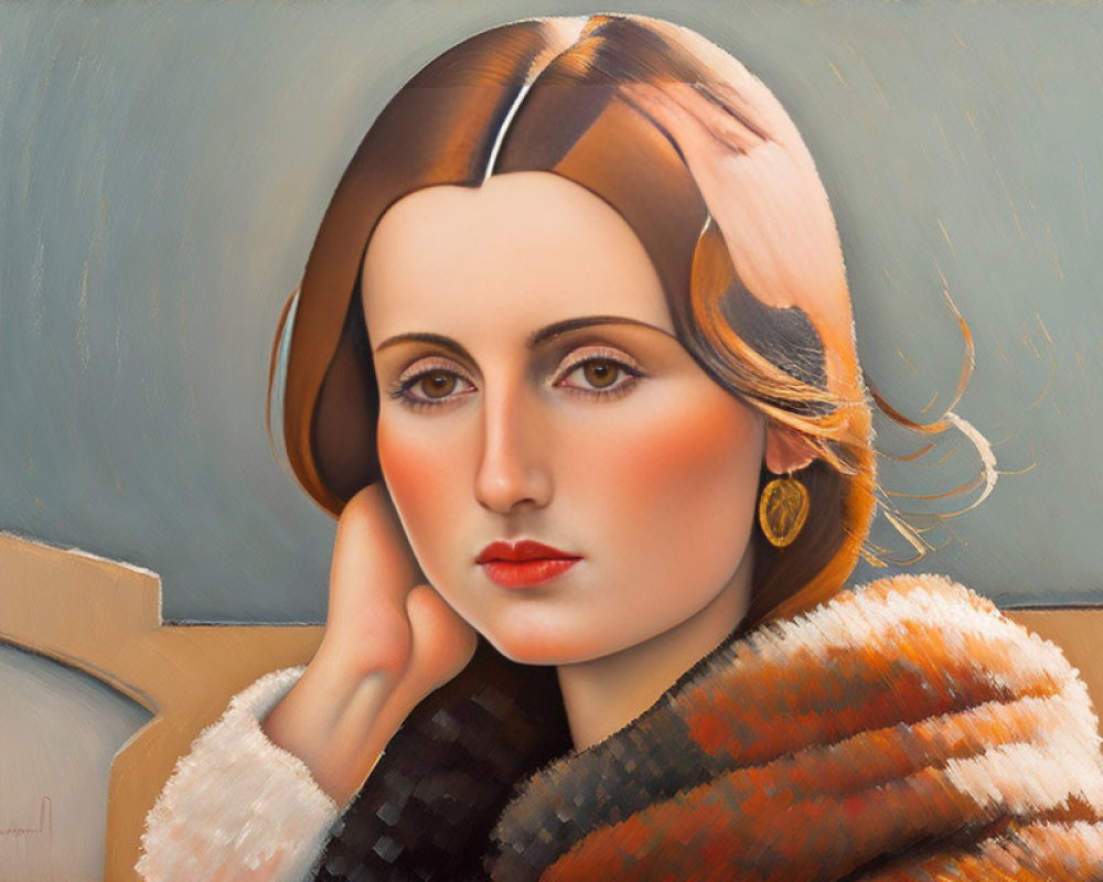 Portrait of woman in striped fur coat with contemplative expression