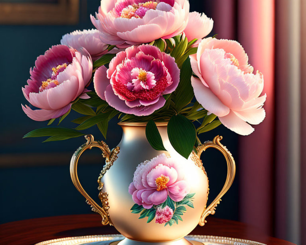 Pink peonies in golden vase on dark backdrop