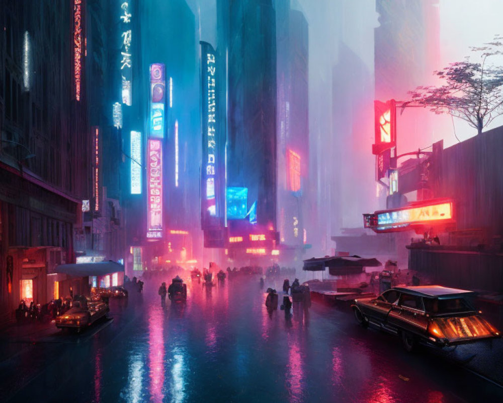 Futuristic neon cityscape with skyscrapers and vintage vehicles