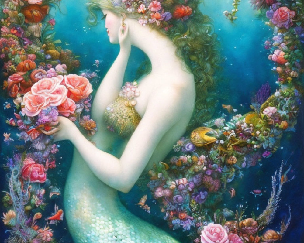 Mermaid with green hair and floral crown in vibrant underwater garden