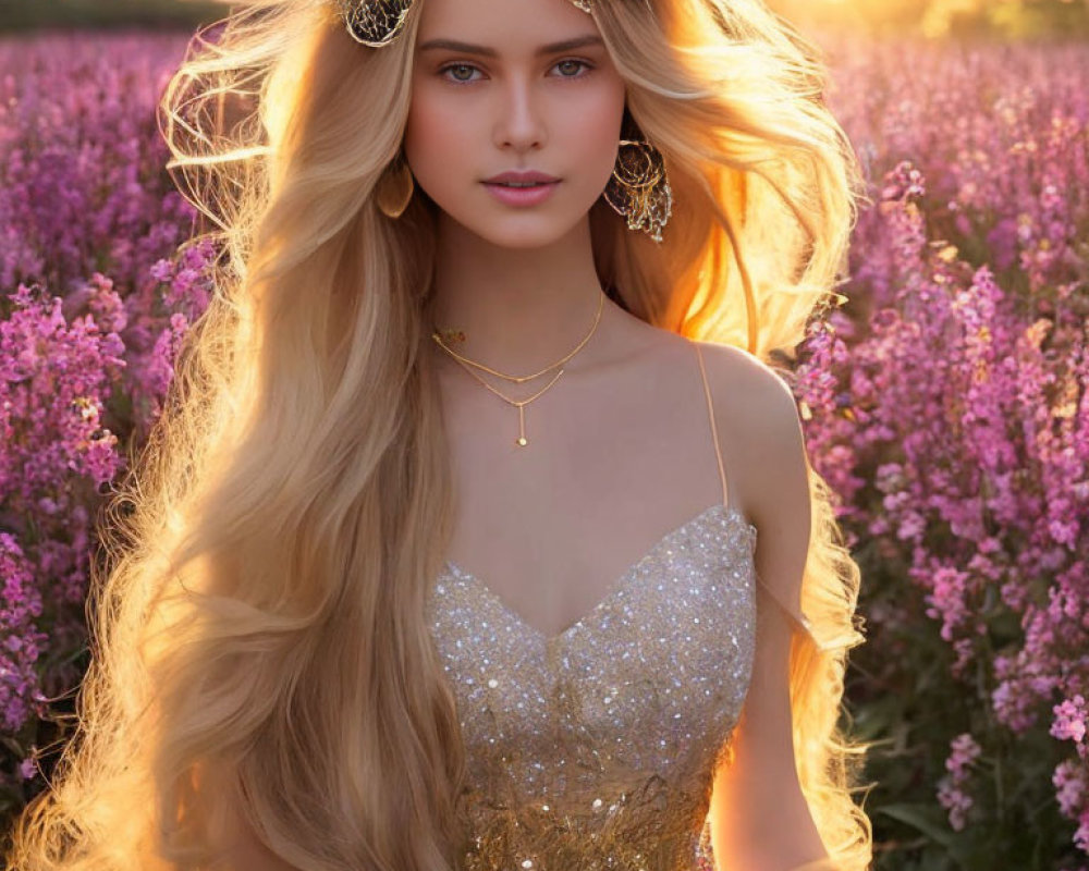 Blonde Woman with Gold Jewelry in Purple Flower Field at Sunset