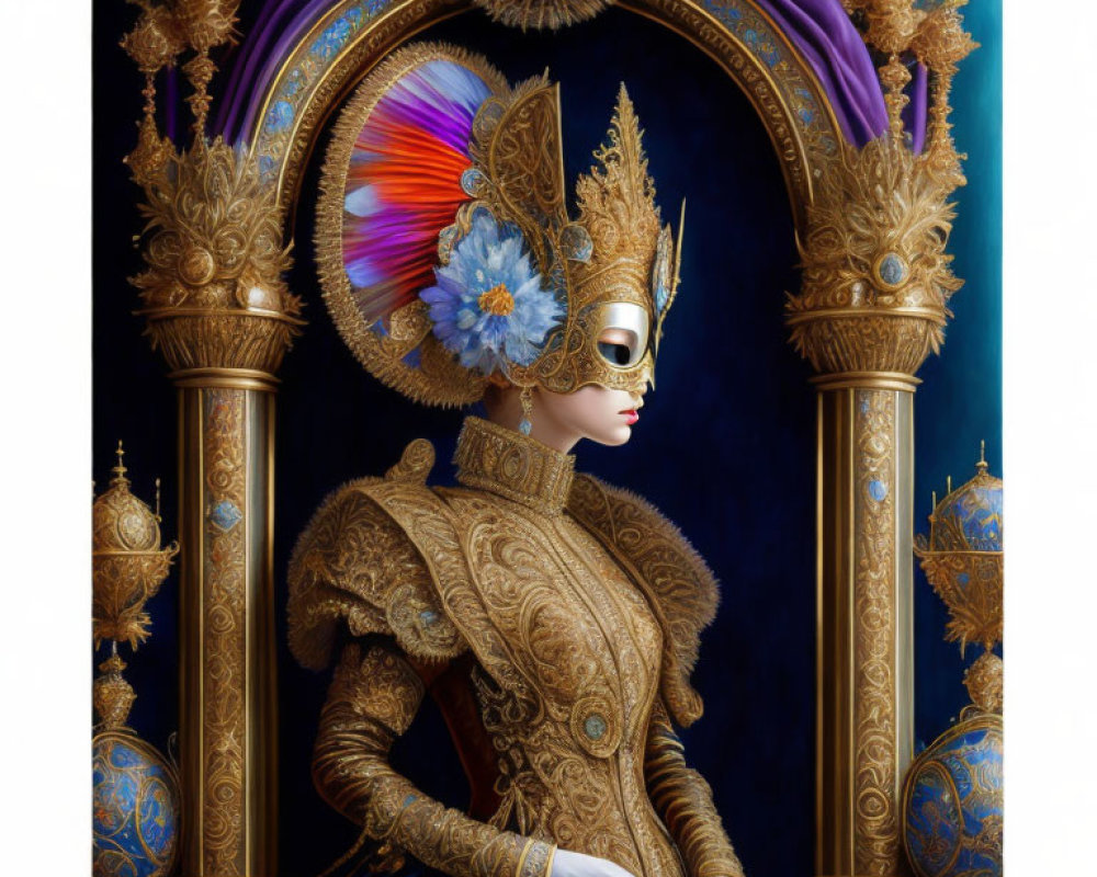 Regal figure in ornate gold costume with peacock feather headdress on blue and gold backdrop