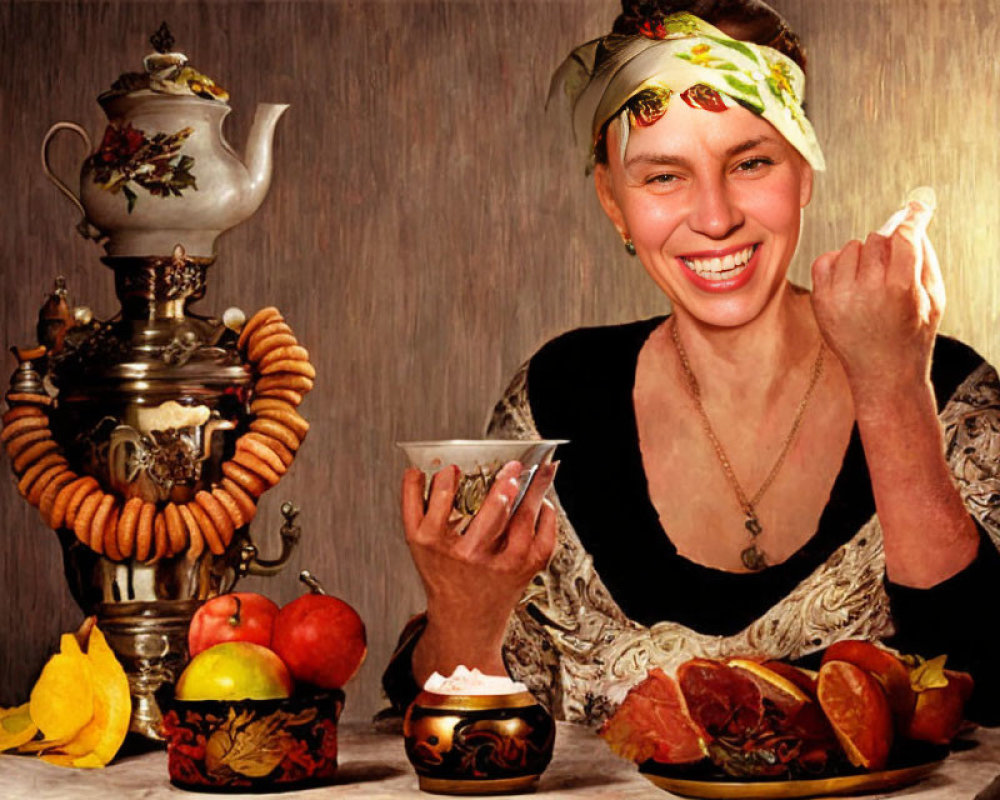 Smiling woman with headscarf, samovar, bread, and fruits on table