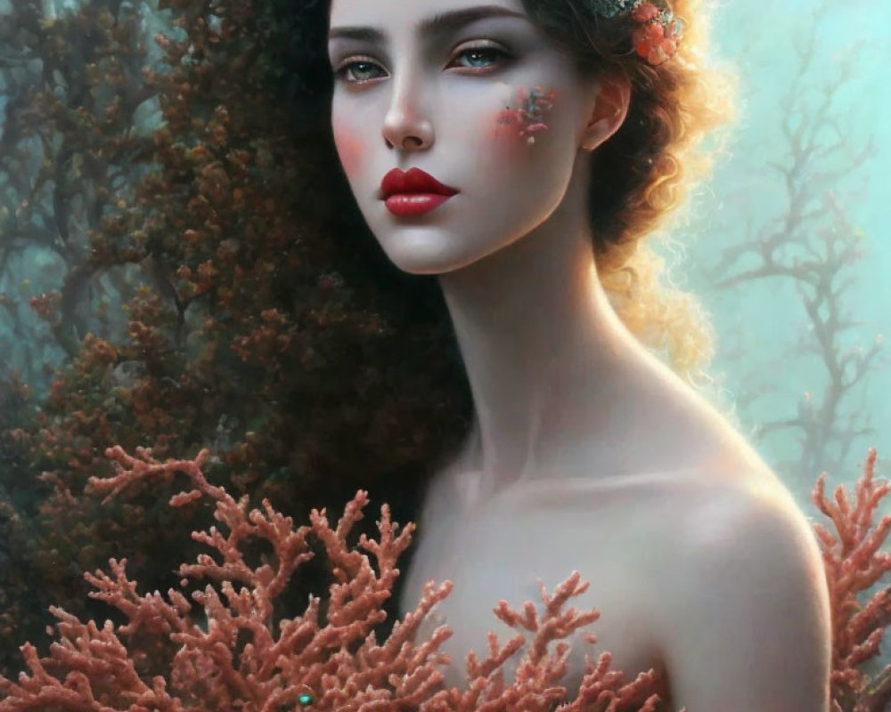 Woman with Floral Wreath Surrounded by Coral in Dreamy Setting