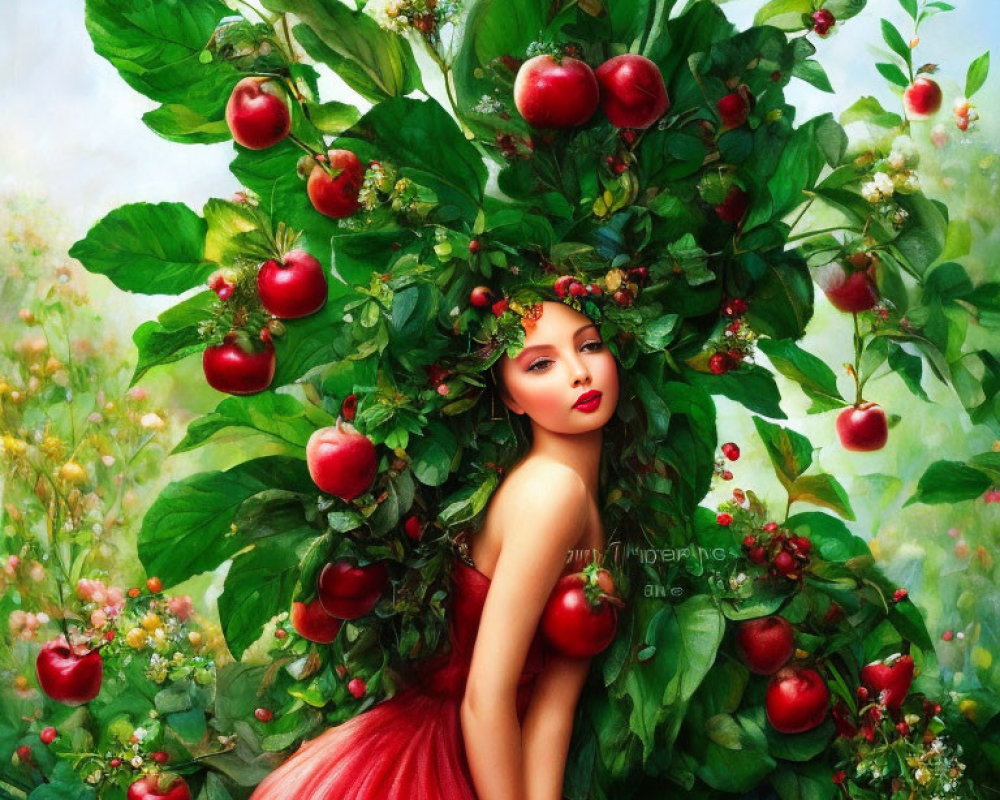 Mother Nature depiction with apples and green foliage in hair against floral backdrop