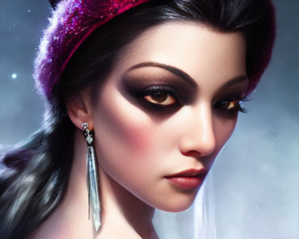 Close-up portrait of woman with striking makeup, red headband, and silver earring against mystical background