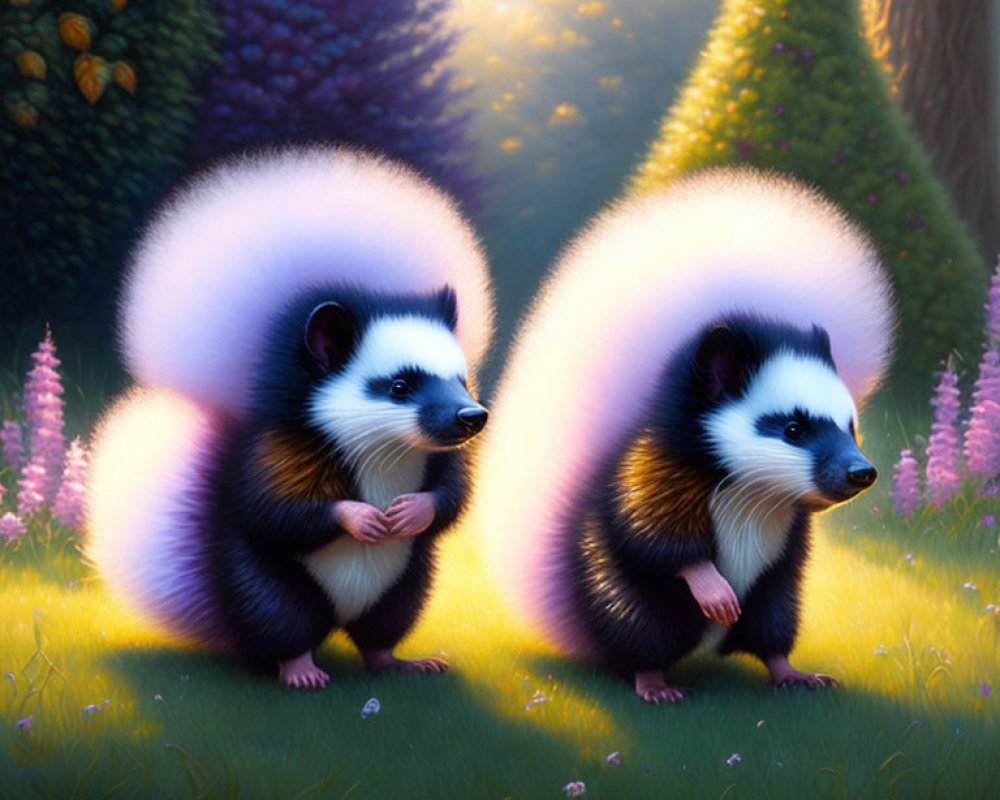 Stylized fluffy skunks in enchanted forest glade with sunbeams and flowers