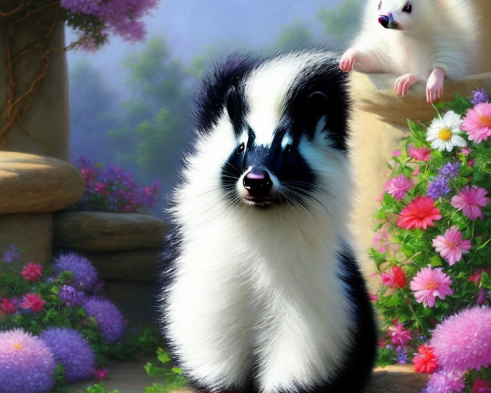 Illustrated skunk with blue eyes in colorful flower setting