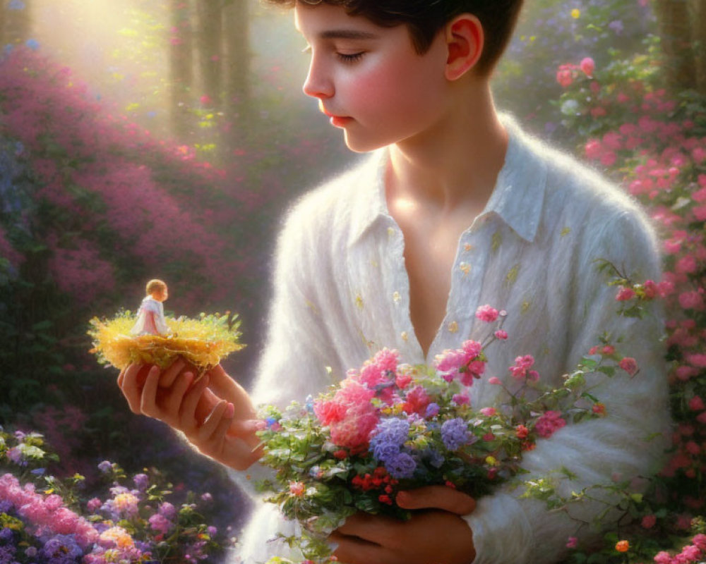 Boy in white shirt holding bird nest among vibrant flowers in soft light