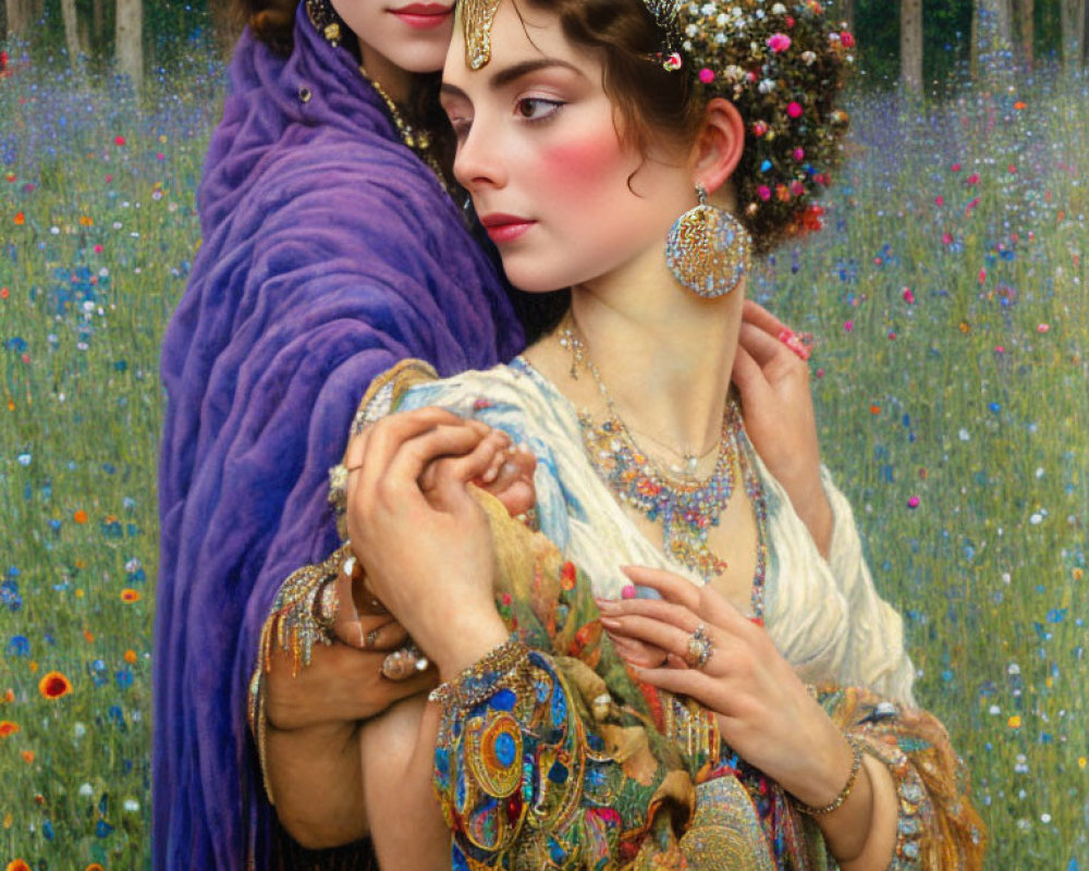 Detailed Painting: Two Women in Ornate Clothing and Jewelry in Lush Forest