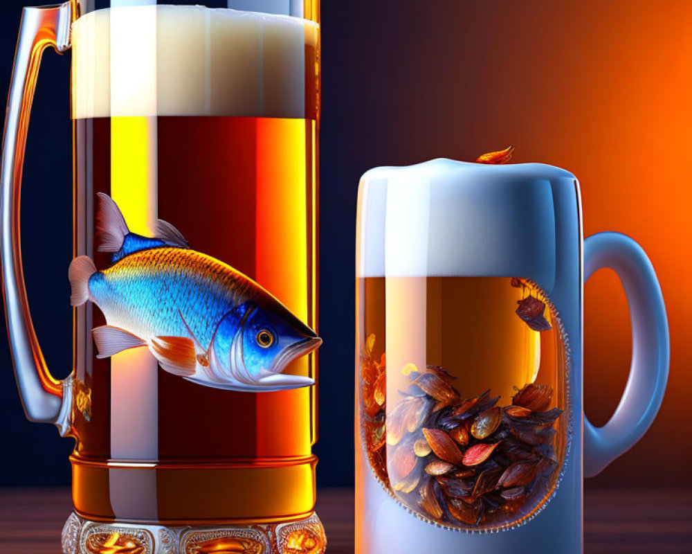 Ornate stein glasses with layered beer, fish, and pretzels on amber background