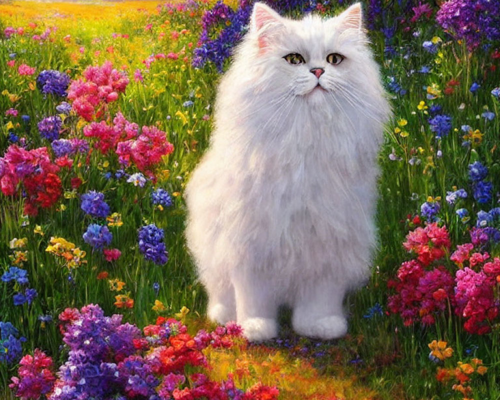 White Cat in Colorful Flower Field at Sunset