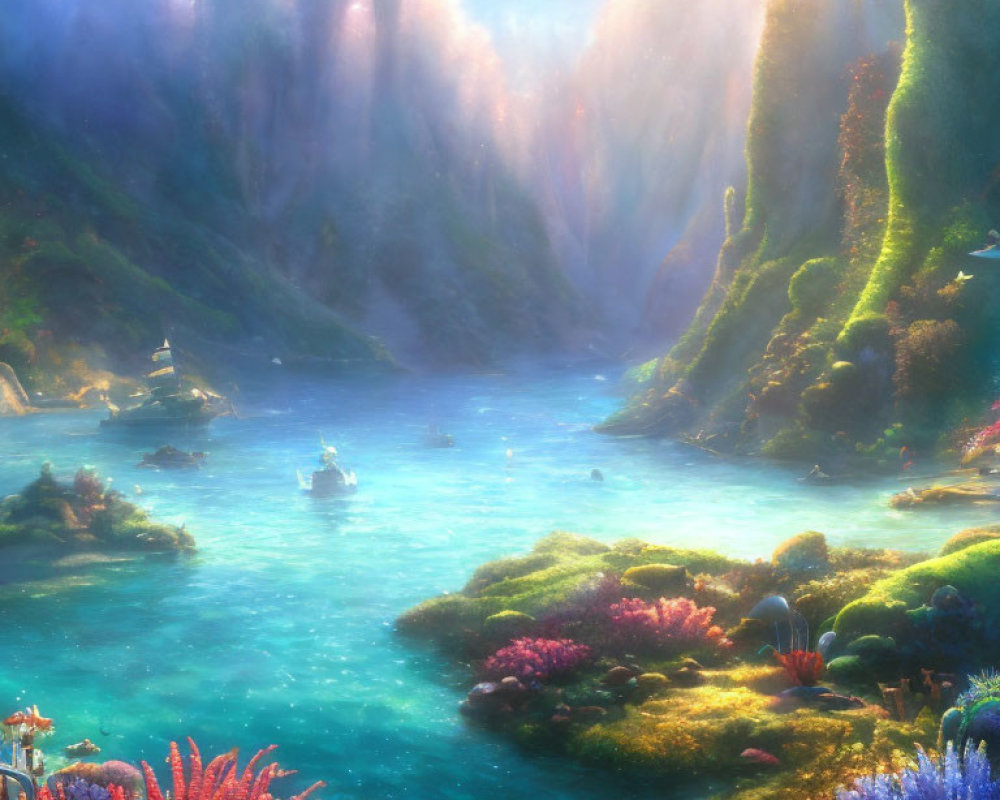 Fantastical landscape with blue river, cliffs, and colorful flora