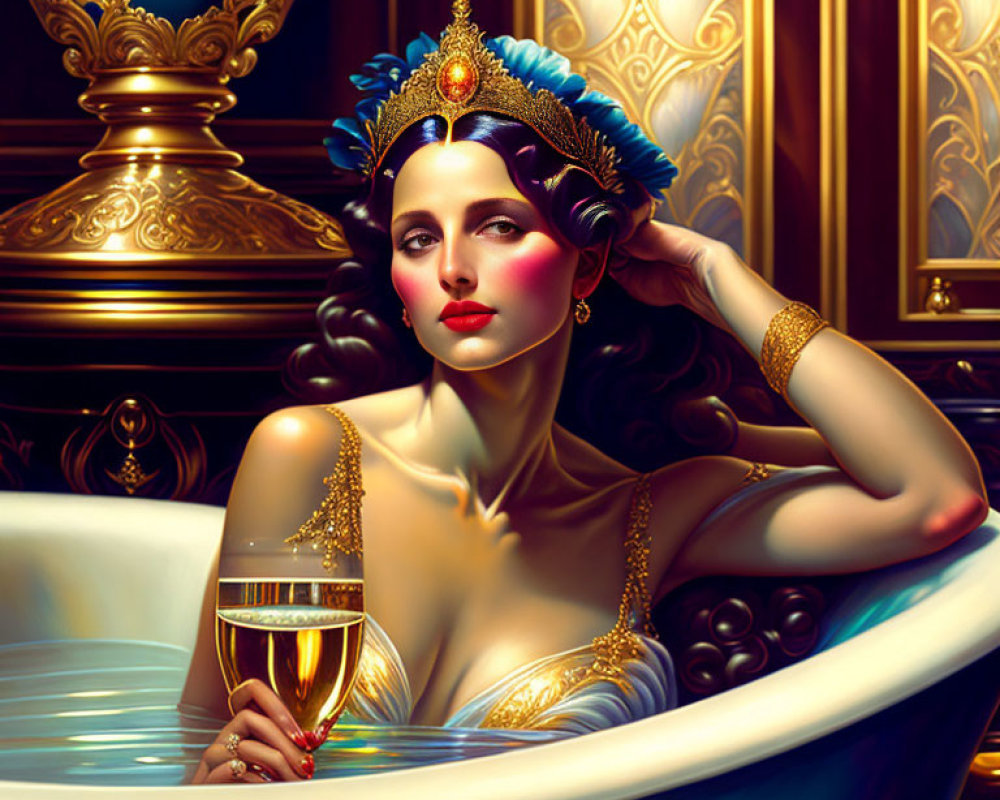 Luxurious woman in bathtub with elegant jewelry and champagne surrounded by golden decor