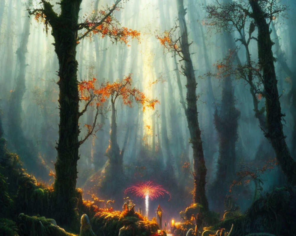 Enchanting forest scene with sunlight, moss, and mystical creature