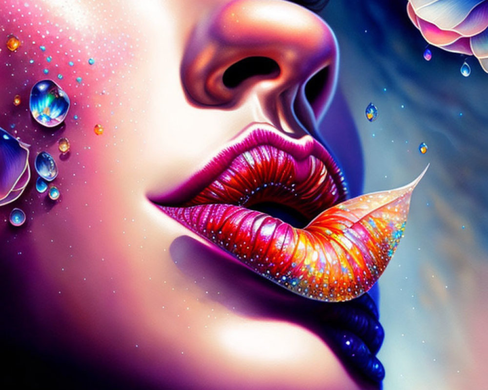 Vibrant cosmic lips with jewels and tears on deep blue background